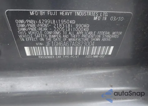 2010 Subaru Impreza 2.5I from USA, damaged, VIN JF1GH6A67AG823004